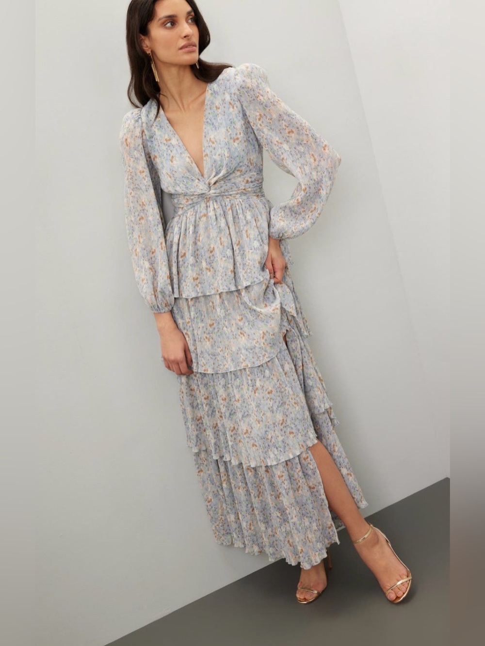 ASTR the Label Women's Floral Tiered Maxi Dress in Light Blue and Cream